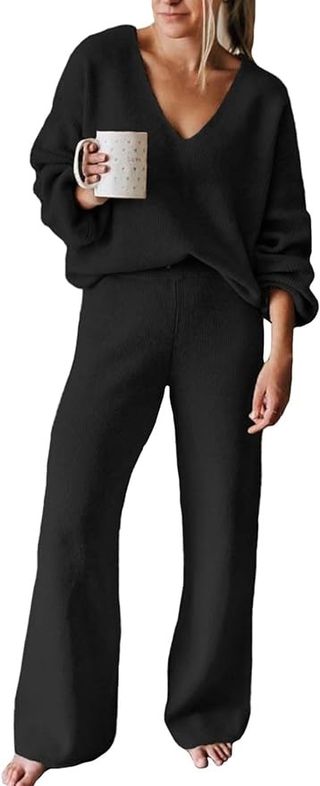 Viottiset, Viottiset Women's 2 Piece Outfits Casual V Neck Knit Wide Leg Sweater Lounge Set Sweatsuit Black Medium