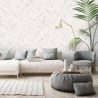 living room with white scheme and wood effect herringbone wallpaper by woodchip and magnolia