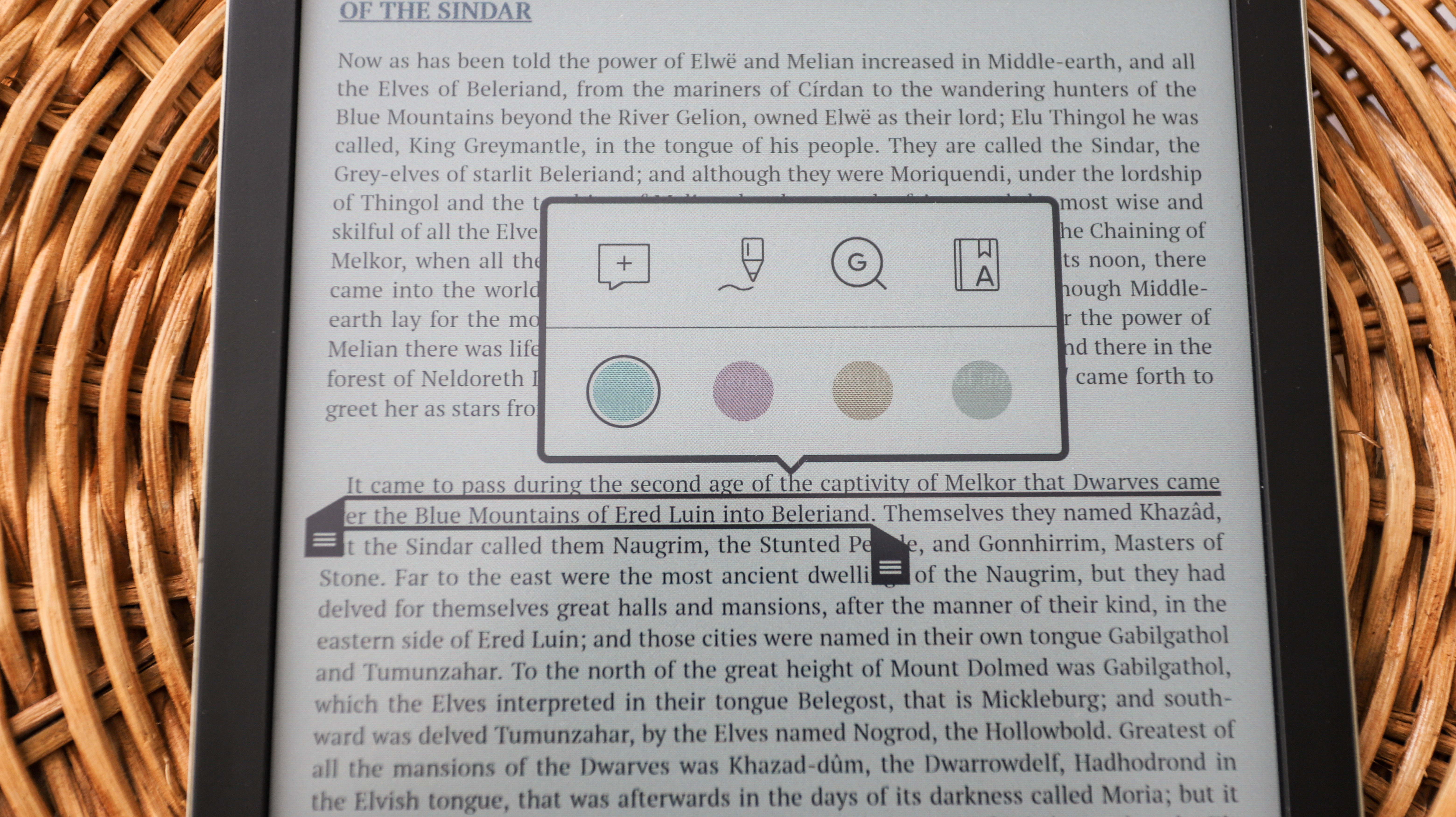 PocketBook InkPad Color's text selection menu options