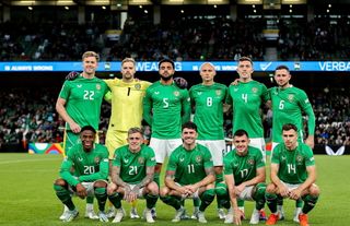 Dublin , Ireland - 10 September 2024; The Republic of Ireland Team, backrow from left, Nathan Collins, Caoimhin Kelleher, Andrew Omobamidele, Will Smallbone, Dara O&#039;Shea, Alan Browne, and front row from left, Chiedozie Ogbene, Sammie Szmodics, Robbie Brady, Jason Knight, Jayson Molumby, during the UEFA Nations League B Group 2 match between Republic of Ireland and Greece at Aviva Stadium in Dublin. (Photo By Thomas Flinkow/Sportsfile via Getty Images)