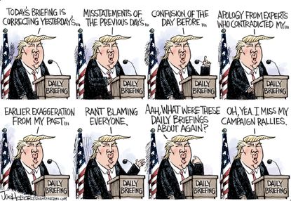 Political Cartoon U.S. Trump coronavirus press briefings