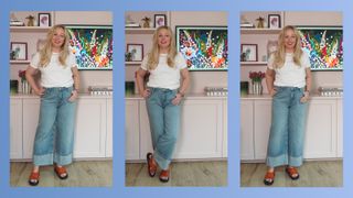 composite image of Antonia Kraskowski wearing turn up wide leg jeans