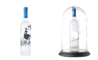Left: interior designer Afroditi Krassa planted a fairytale figure atop the goose motif. Right: fashion designer Beatrix Ong pared back the bottle design and encased it in a bell jar reminiscent of taxidermy displays