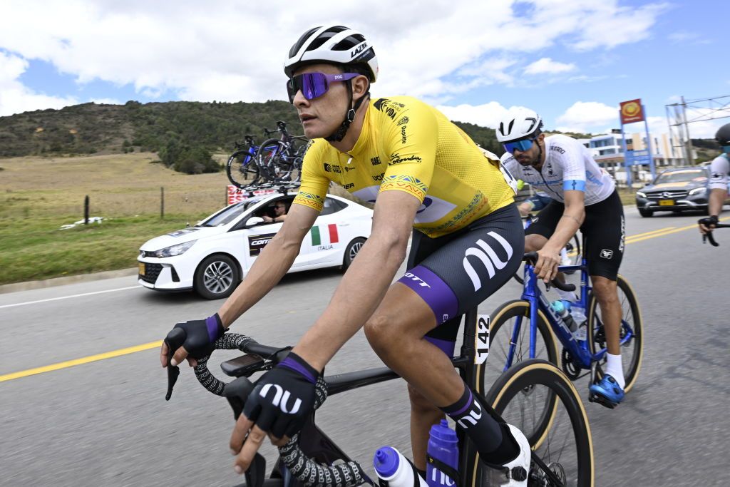 Colombia's cyclist Rodrigo Contreras, of the NU team, competes during the fourth stage of the Tour Colombia UCI 2024 from Paipa to Zipaquira, Colombia, on February 9, 2024. (Photo by Luis Acosta / AFP)