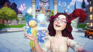 Joy and player infront of the Dream Castle in Disney Dreamlight Valley