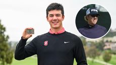 Main image of Michael Thorbjornsen holding up his PGA Tour card and inset photo of a young Hunter Mahan