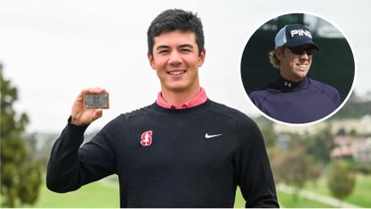 Main image of Michael Thorbjornsen holding up his PGA Tour card and inset photo of a young Hunter Mahan