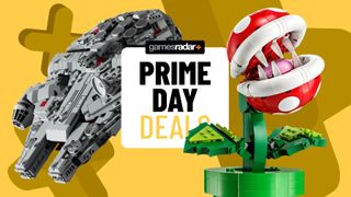 A GamesRadar+ Prime Day deals badge against a yellow background with a Lego Millennium Falcon and Piranha Plant set on either side
