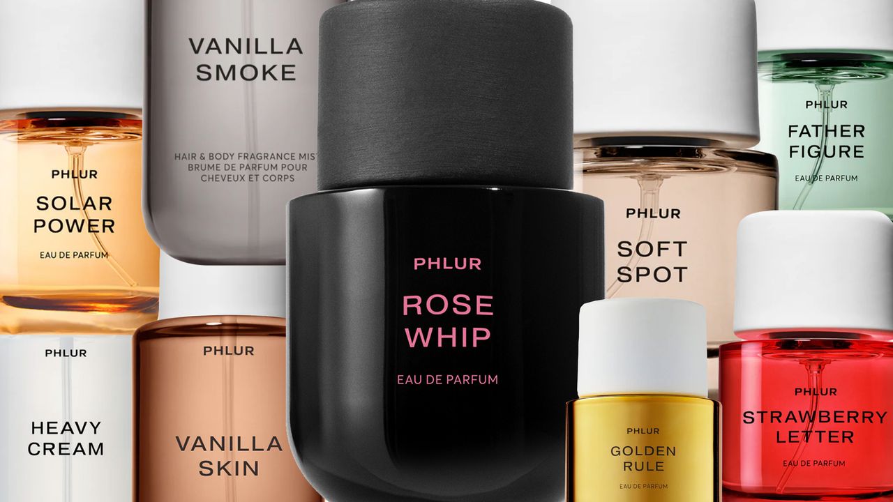 photo collage of phlur rose whip, father figure, soft spot, golden rule, strawberry letter, vanilla skin, solar power, heavy cream, vanilla smoke perfumes 