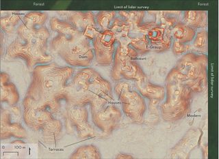 a red-blue lidar map of a newly discovered maya civilization, with text pointed out a dam, ball court, houses, and terraces, as well as modern buildings