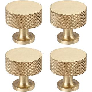 Rzdeal 4pcs Solid Brass Cabinet Knobs Pulls Cabinet Drawer Dresser Gold Knobs Modern Knurled Knobs Handles (1"x1"/25mmx25mm), Brushed Brass Finish