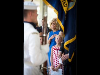 Carol Armstrong, wife of Neil Armstrong, and Piper Van Wagenen, one of 10 grandchildren, are seen during a memorial service celebrating the life of Neil Armstrong.