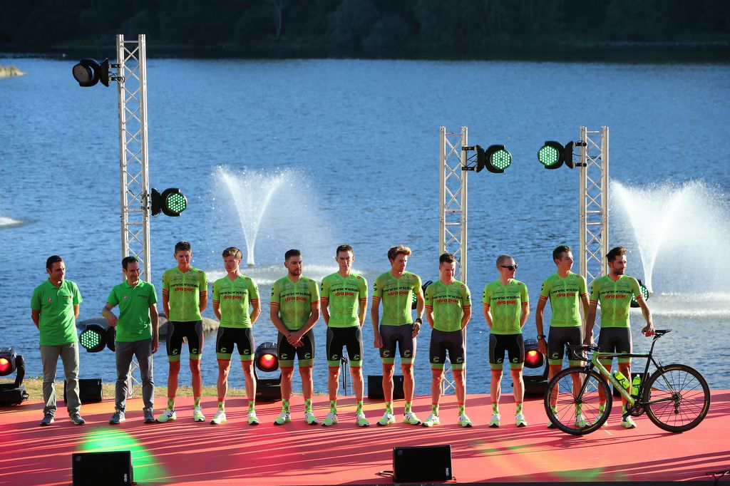 The Cannondale-Drapac squad lined out on the stage