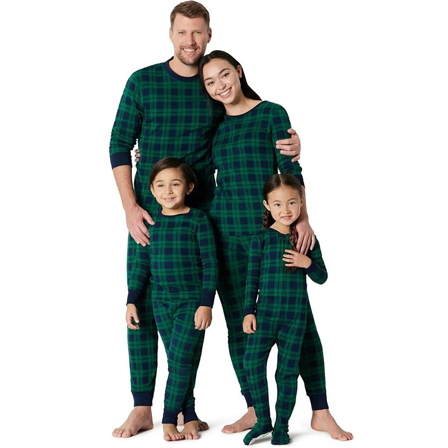 Amazon Essentials Unisex Kids' Matching Holiday Family Pajama Sets, Dark Emerald Green Navy Plaid, 8