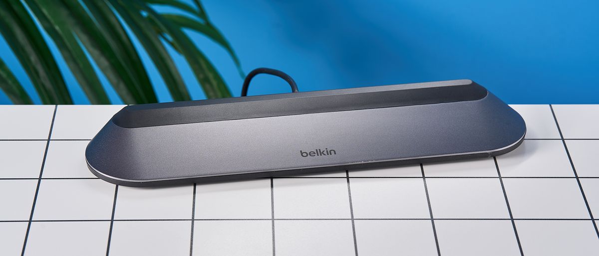 Belkin Connect 11-in-1 USB-C Pro Docking station on a white tabletop with a blue background