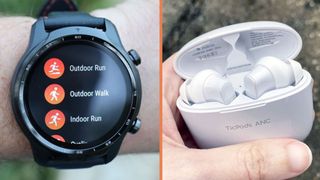 The TicWatch Pro 3 showing a list of workouts it tracks, and a pair of the TicPods ANC in their all-white charging case.