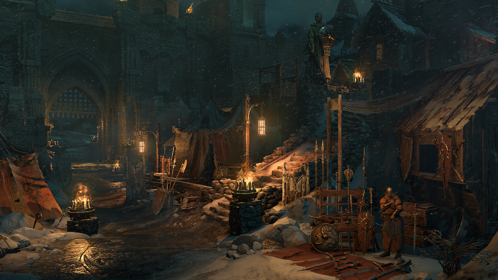 Diablo 4 — the snowy, torchlit streets of nighttime Kyovashad, one of Diablo 4's hub areas.