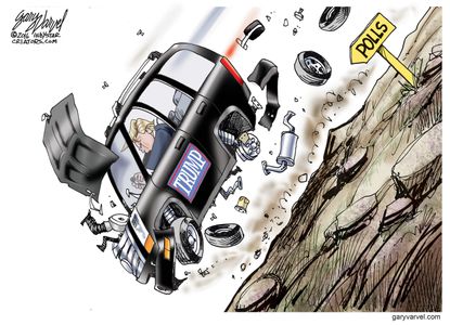 Political Cartoon&nbsp;U.S. Trump Driving Cliff