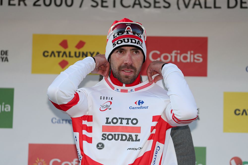 Thomas De Gendt on the stage 3 podium at Volta a Catalunya