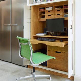 home office with fridge and wooden fixtures