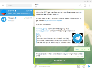 Connecting Telegram to IFTTT: Click Authorize in the Telegram app