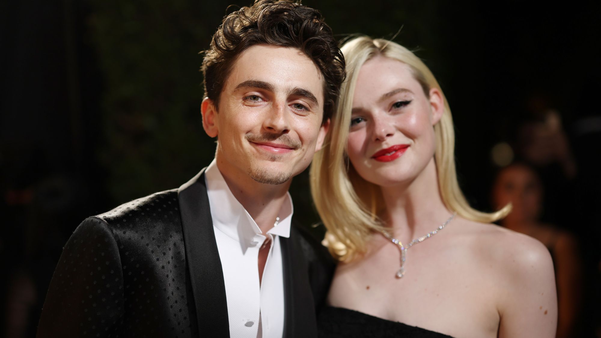 Timoth&eacute;e Chalamet and Elle Fanning attend the 2025 Vanity Fair Oscars party 