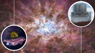 (Main) An illustration of a supermassive black hole powered quasar shrouded by dust. (Inset left) An illustration of the JWST (Inset right) An image of the Subaru telescope