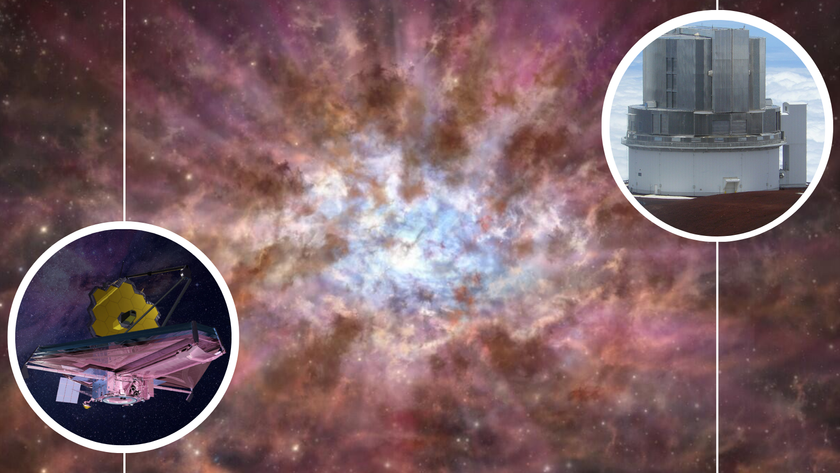 (Main) An illustration of a supermassive black hole powered quasar shrouded by dust. (Inset left) An illustration of the JWST (Inset right) An image of the Subaru telescope