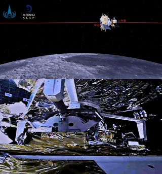 Split screen view from mission control of the docked Chang'e 5 orbiter and ascent vehicle.