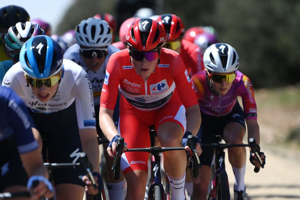 SIGUENZA SPAIN MAY 04 Demi Vollering of The Netherlands and Team SD Worx Protime Red Leader Jersey competes during the 10th La Vuelta Femenina 2024 Stage 7 a 1386km stage from San Esteban de Gormaz to Siguenza 1030m UCIWT on May 04 2024 in Siguenza Spain Photo by Alex BroadwayGetty Images