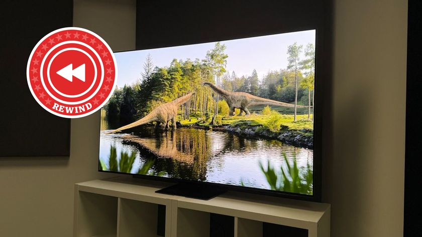 Samsung S95F on stand with Rewind logo