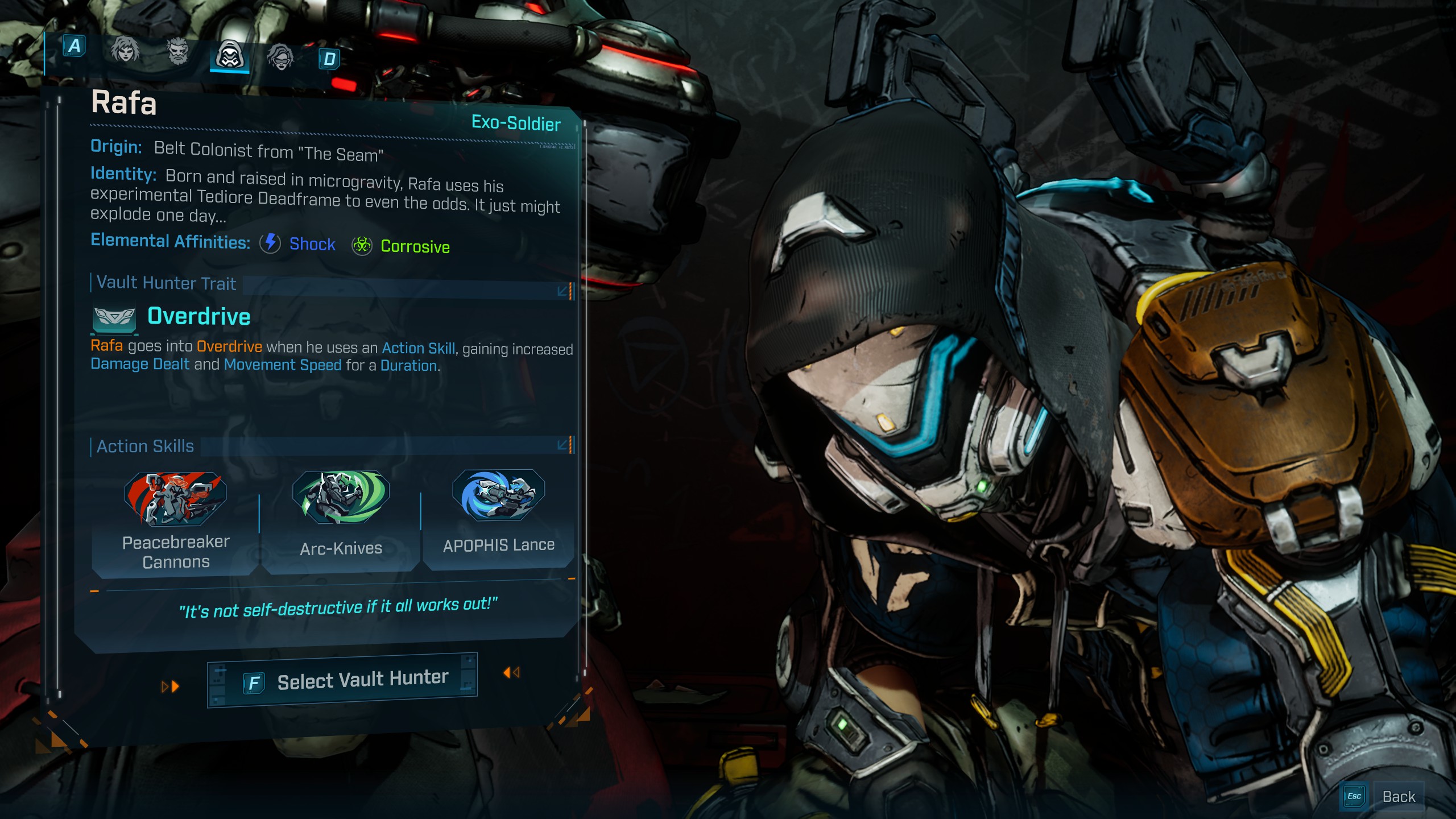Borderlands 4 class guide showing Rafa's exo-soldier class details
