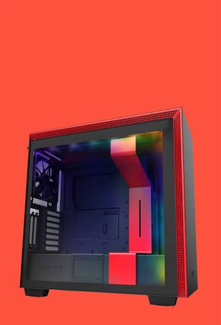 PC cases on colourful backgrounds.