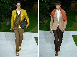 Male models wearing green, brown and orange clothes from the Berluti SS 2015 collection