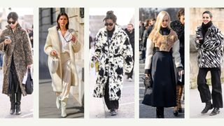 composite of five people wearing faux fur jackets at paris fashion week 2023