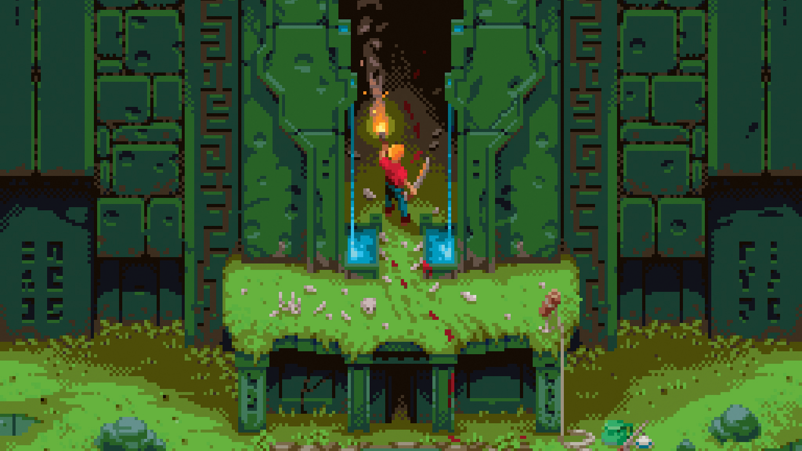 Pixel art: Temple in the heart of the jungle, covered in foliage