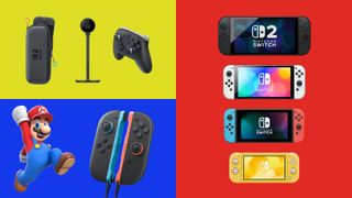 A selection of Nintendo Switch consoles and accessories, and Mario. 