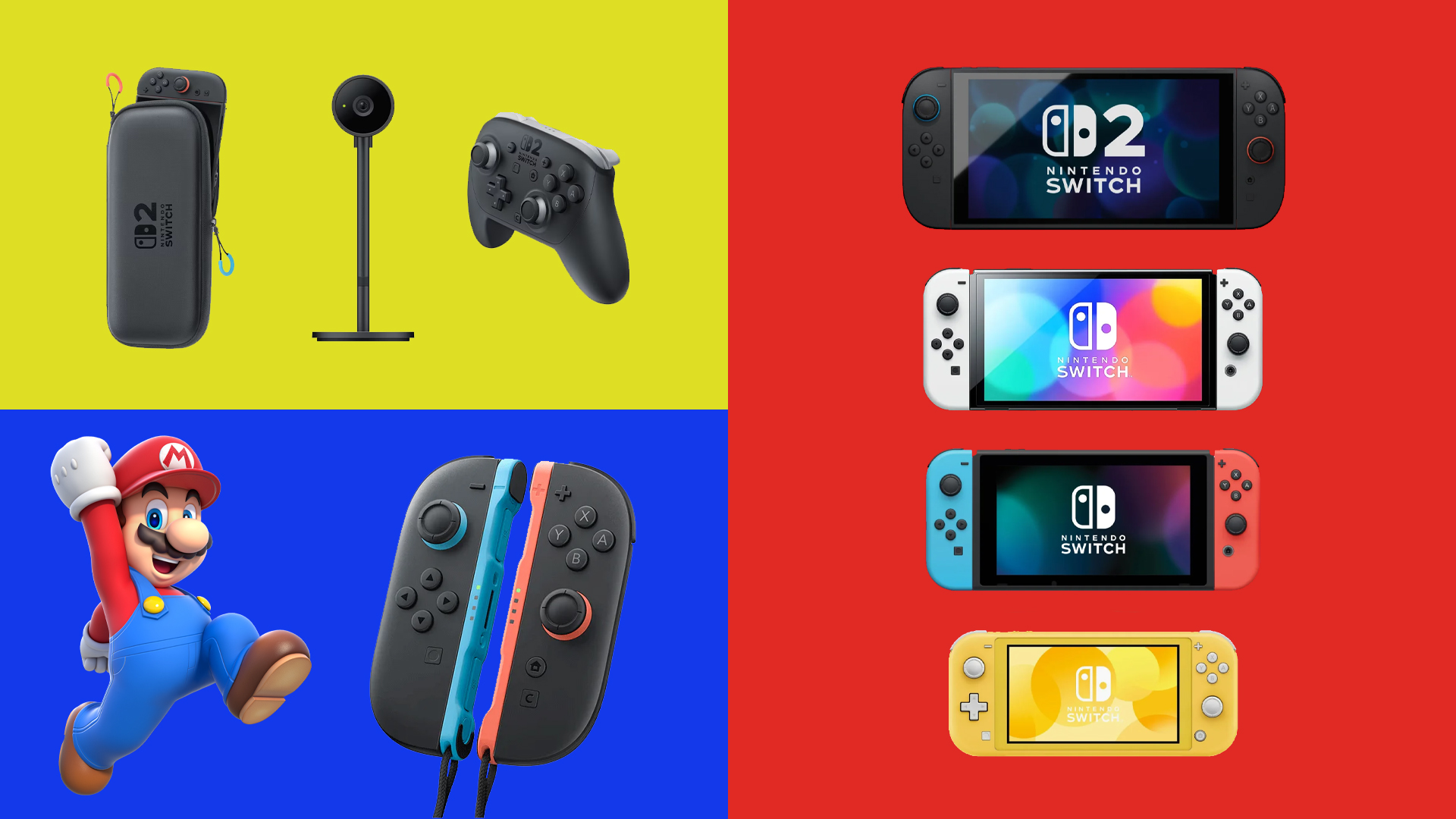 A selection of Nintendo Switch consoles and accessories, and Mario. 