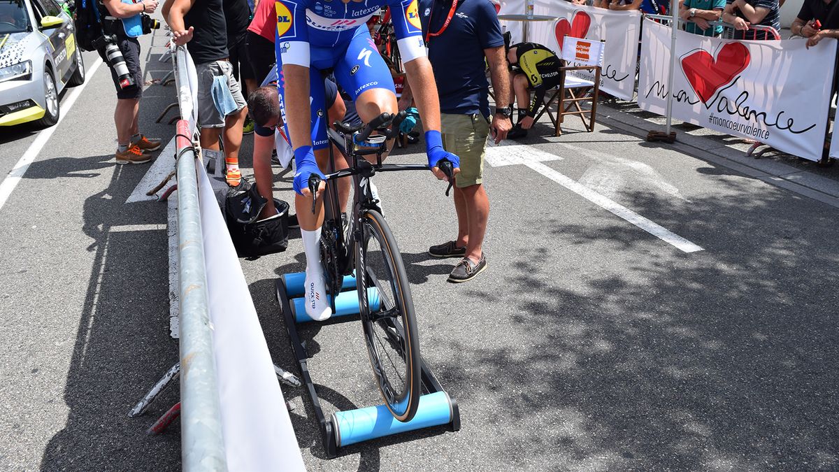 While several teams used turbo trainers to warm up, Quick-Step Floors opted for rollers