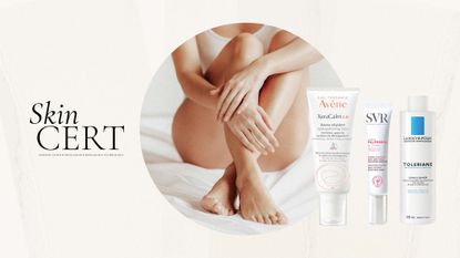 Image of models legs with arms wrapped around plus Avene, SVR and La Roche Posay products - best eczema creams
