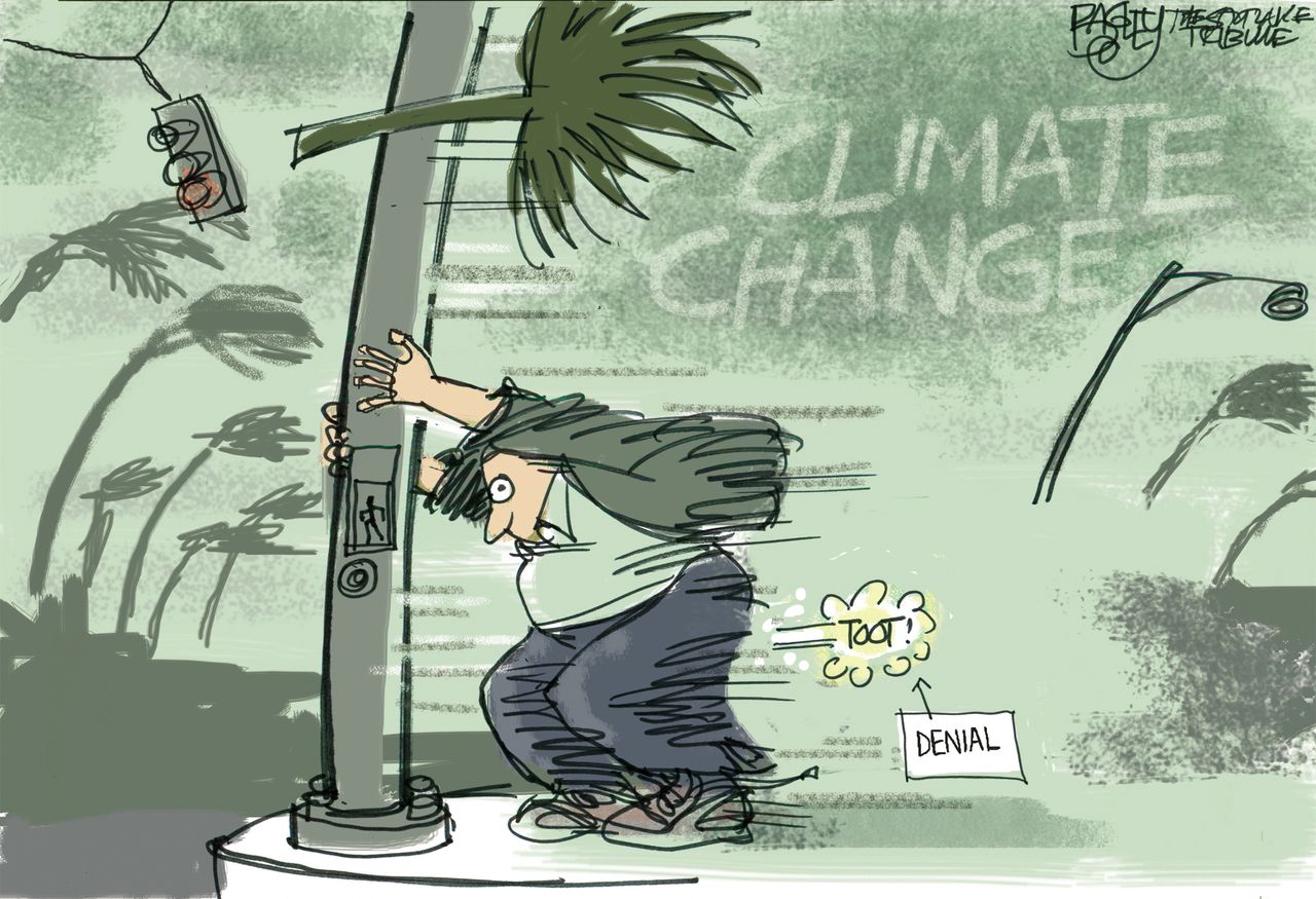 Political cartoon U.S. Climate change deniers hurricane