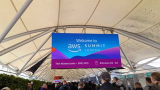 AWS London Summit 2024 branding pictured at the entrance to the ExCel conference center in London on April 24th 2024.