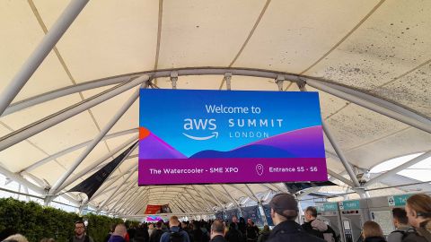 AWS London Summit 2024 branding pictured at the entrance to the ExCel conference center in London on April 24th 2024.