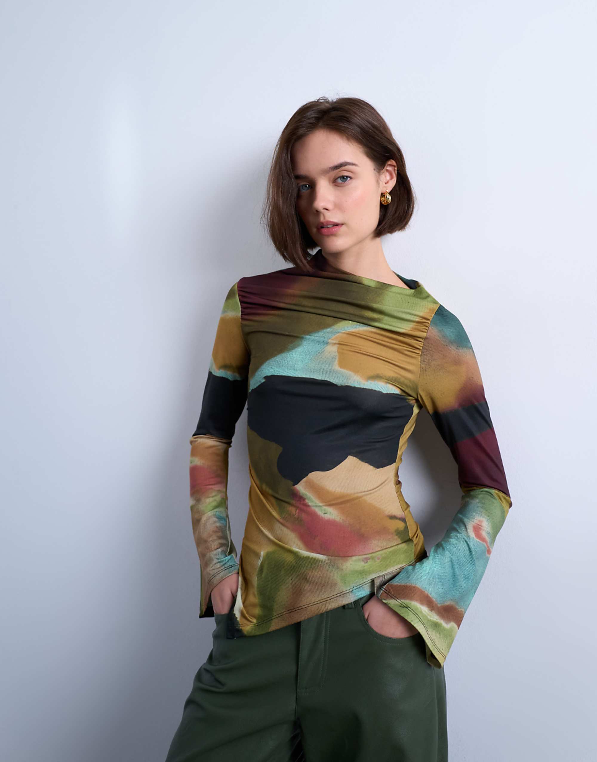 Topshop Print Slash Neck Asymmetric Top in Multi