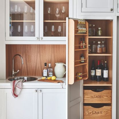 Pantry storage and glass fronted cabinets