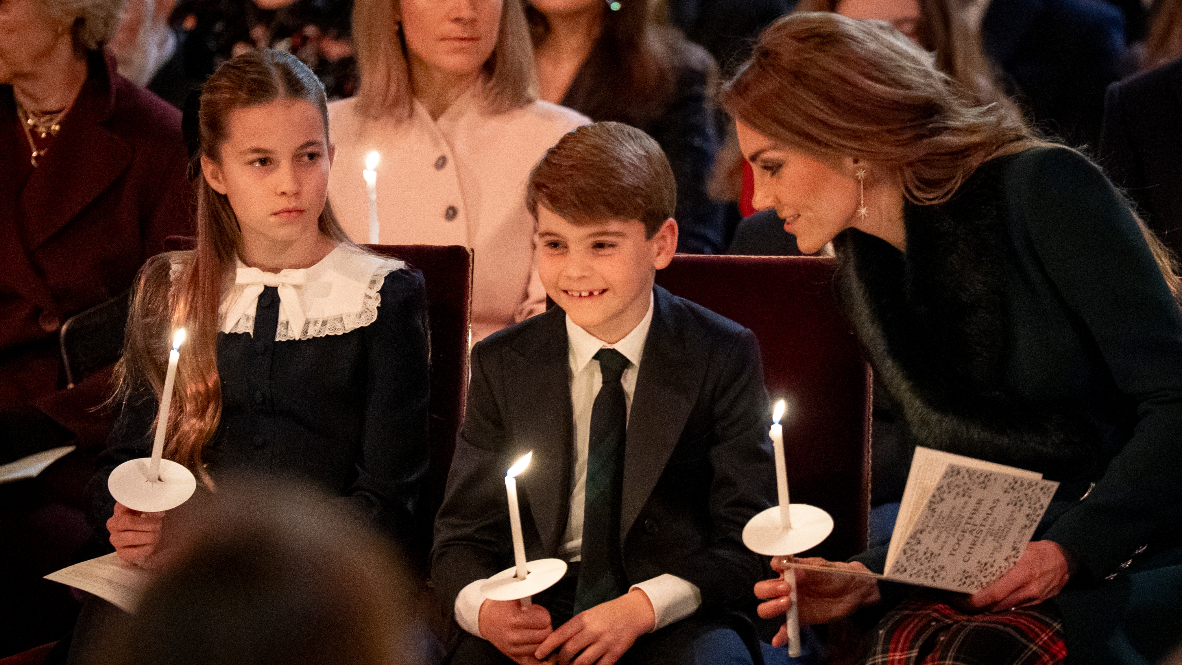 Princess Charlotte of Wales, Prince Louis of Wales and Catherine, Princess of Wales attend the fifth annual "Together At Christmas" Carol Service" at Westminster Abbey in London on December 5, 2025.