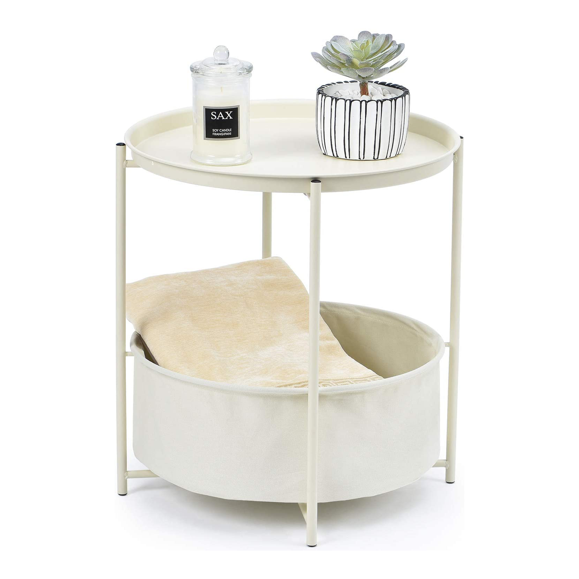 Meja samping putih dengan keranjang kain di tingkat bawah