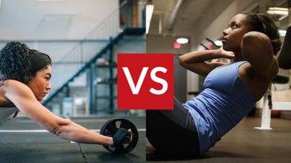 Ab roller vs crunches: Pictured here, a fit female athlete using an ab roller (left), and a fit female athlete doing crunches (right)