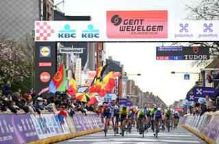 WEVELGEM BELGIUM MARCH 24 LR Jonathan Milan of Italy and Team Lidl Trek Tim Merlier of Belgium and Team Soudal QuickStep Olav Kooij of The Netherlands and Team Visma Lease a Bike Jordi Meeus of Belgium and Team BORA hansgrohe and 01sprint at finish line during the 86th GentWevelgem in Flanders Fields 2024 Mens Elite a 2531km one day race from Ieper to Wevelgem UCIWT on March 24 2024 in Wevelgem Belgium Photo by Tim de WaeleGetty Images