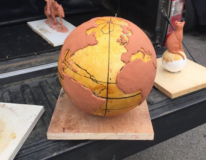 The bronze F&eacute;licette statue will be mounted on this globe base, with Europe (and France) visible in the front.